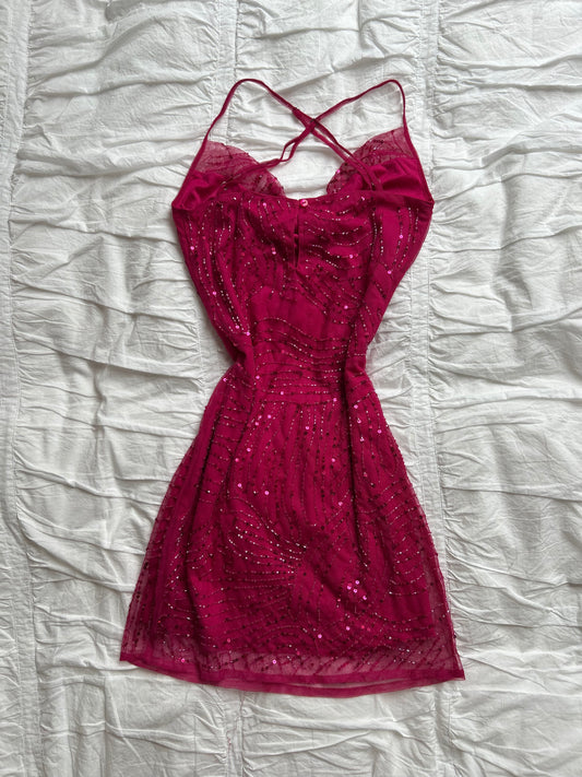 Elegantes Pink Pailletten-Minikleid mit Wasserfall-Ausschnitt