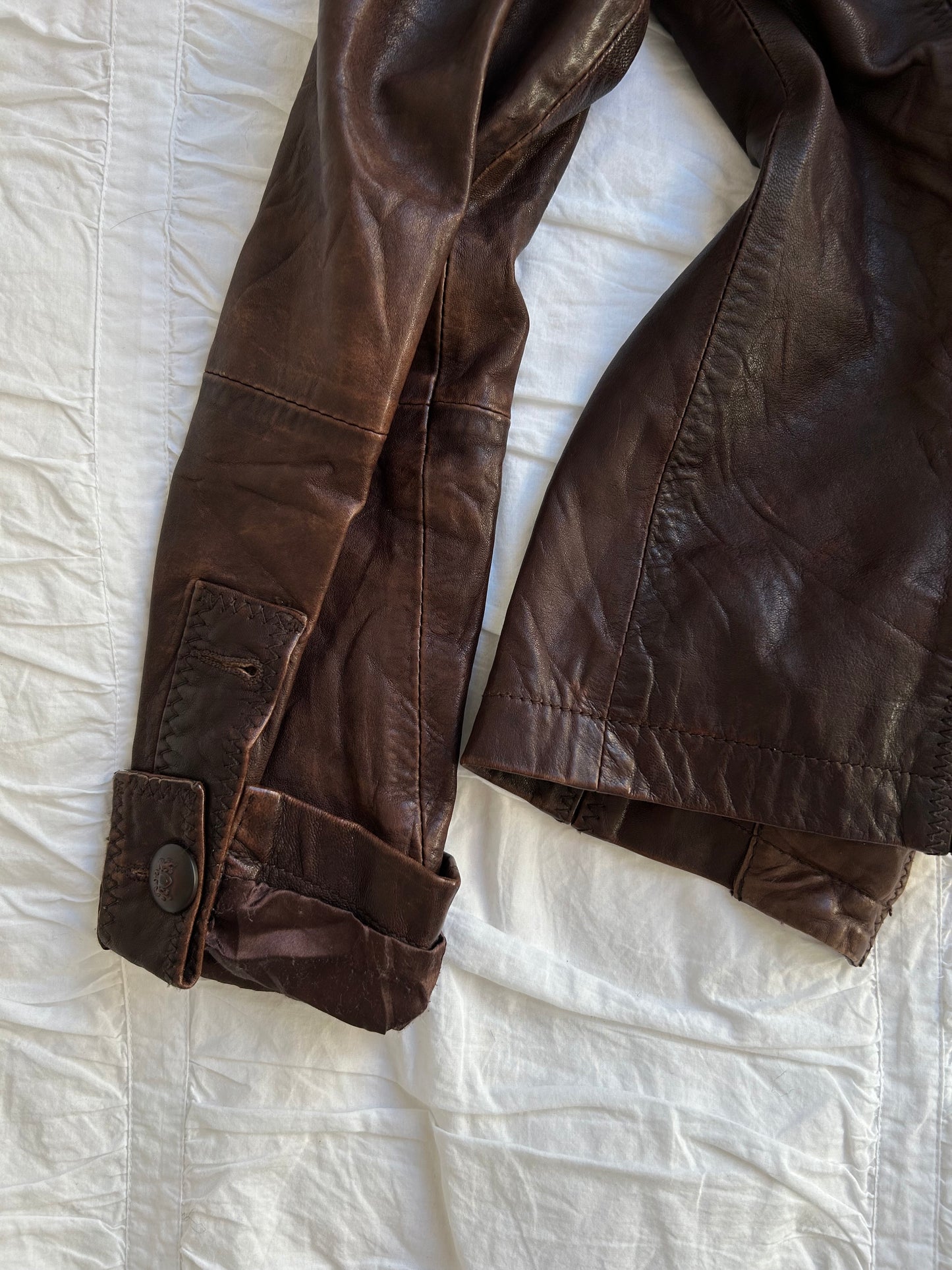 Guess Bikerjacke Echtleder Braun Leo-Muster Vintage Look