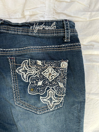Vintage Hydraulic Flare Jeans – Ornament-Stickerei & Strass