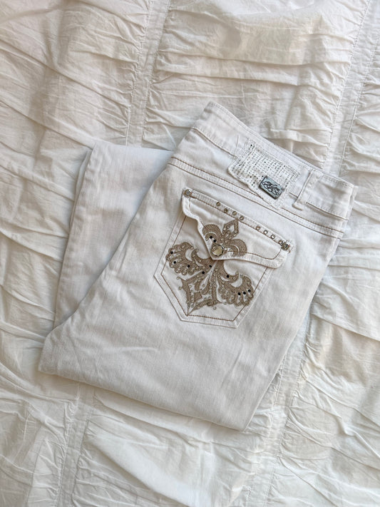 Vintage One 5 One Flare Jeans – Ornate Fleur-de-lis & Strass
