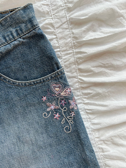 Vintage Denim Minirock Romantische Schmetterlings-Stickerei