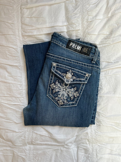 Vintage Premiere Flare Jeans – Sternen-Stickerei & Strass