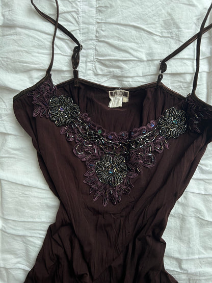 Vintage FILO Top – Perlen-Stickerei & V-Ausschnitt