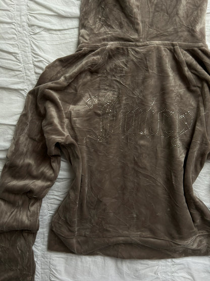Juicy Couture Velours-Hoodie in Taupe – Glitzerndes Strass-Logo-Still Alive