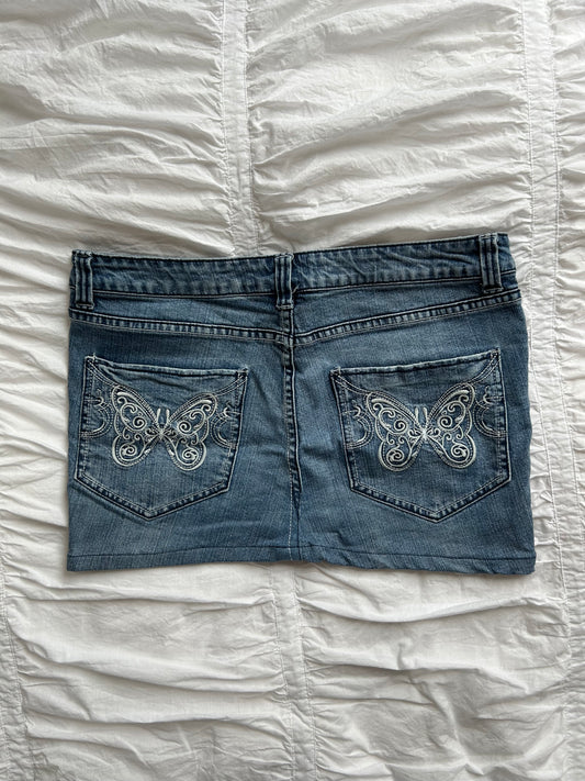 Vintage Jeans-Minirock Schmetterlings-Stickerei