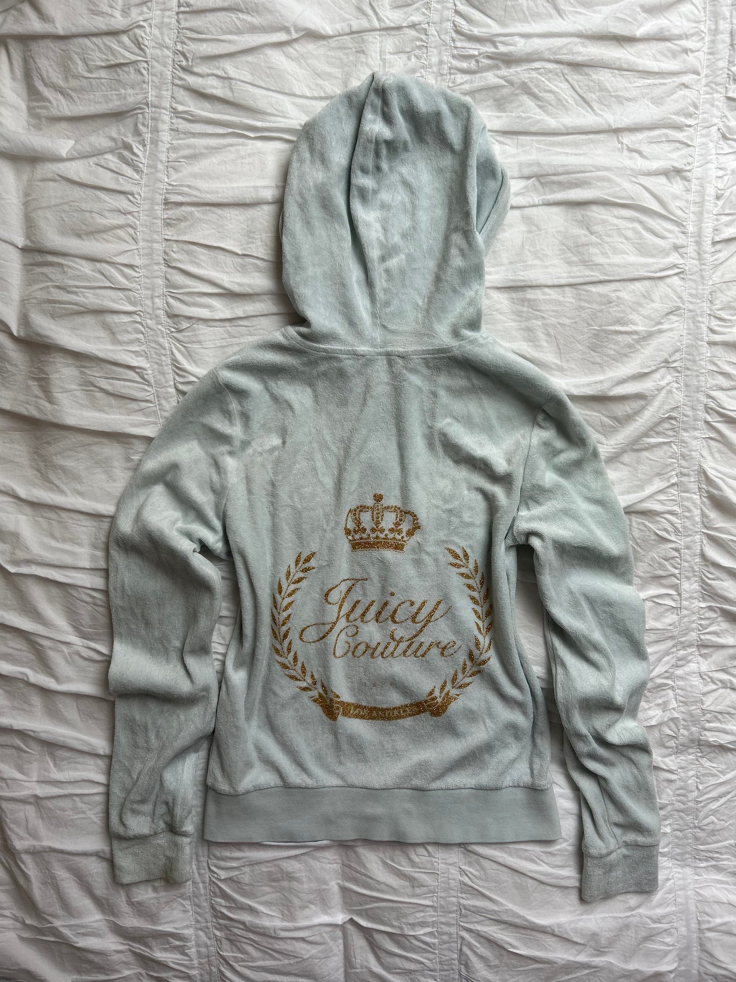 Iconic Juicy Couture Velour Hoodie in Pastel Blue – Gold Logo Detail