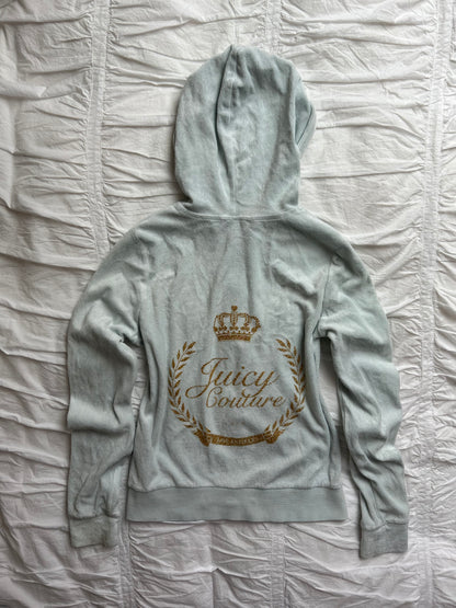 Iconic Juicy Couture Velour Hoodie in Pastel Blue – Gold Logo Detail