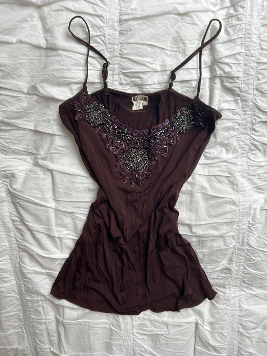 Vintage FILO Top – Perlen-Stickerei & V-Ausschnitt-Still Alive