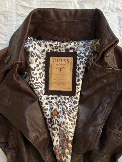Guess Bikerjacke Echtleder Braun Leo-Muster Vintage Look