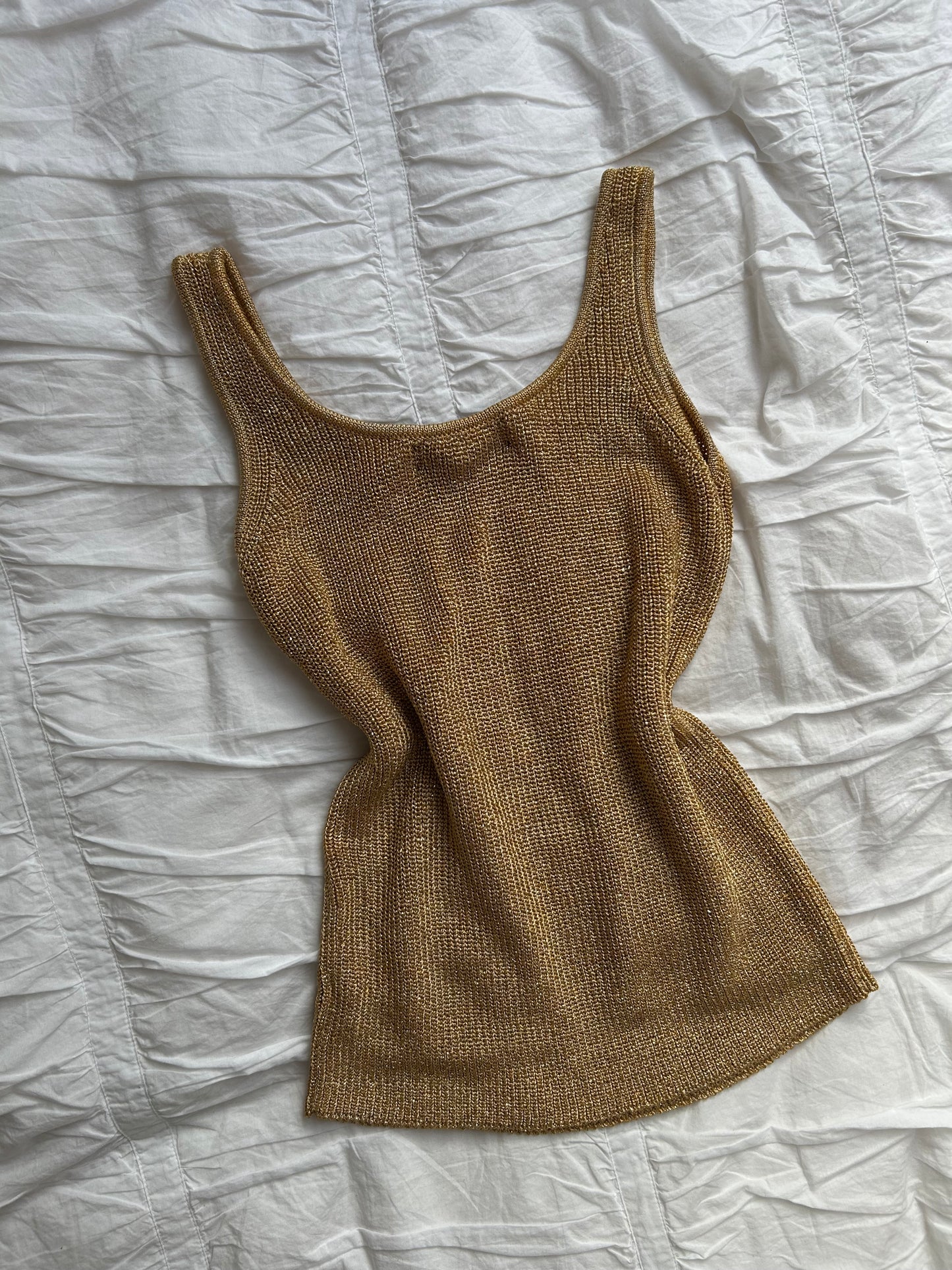 Vintage Linda Allard Ellen Tracy Strick-Top – Gold Metallic & Rundhalsausschnitt