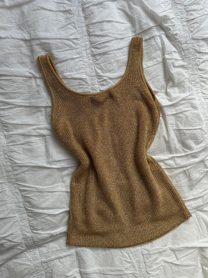 Vintage Linda Allard Ellen Tracy Strick-Top – Gold Metallic & Rundhalsausschnitt
