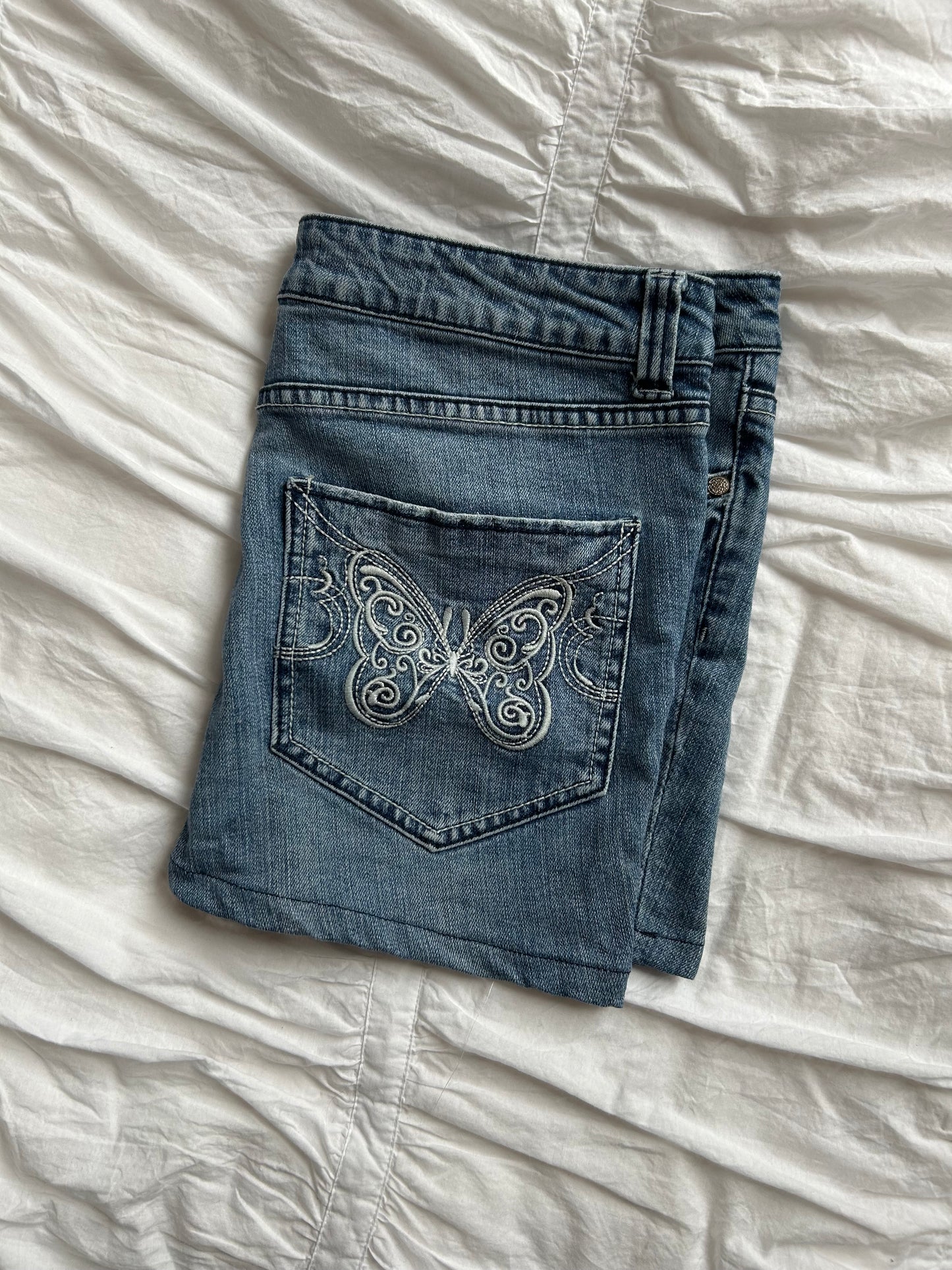 Vintage Jeans-Minirock Schmetterlings-Stickerei