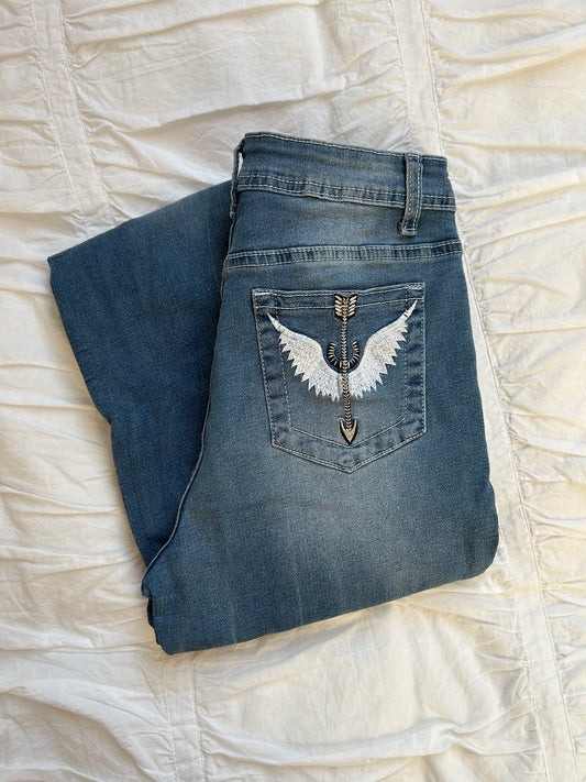 Vintage Y2K Flare Jeans – Angel Wings & Arrow Stickerei
