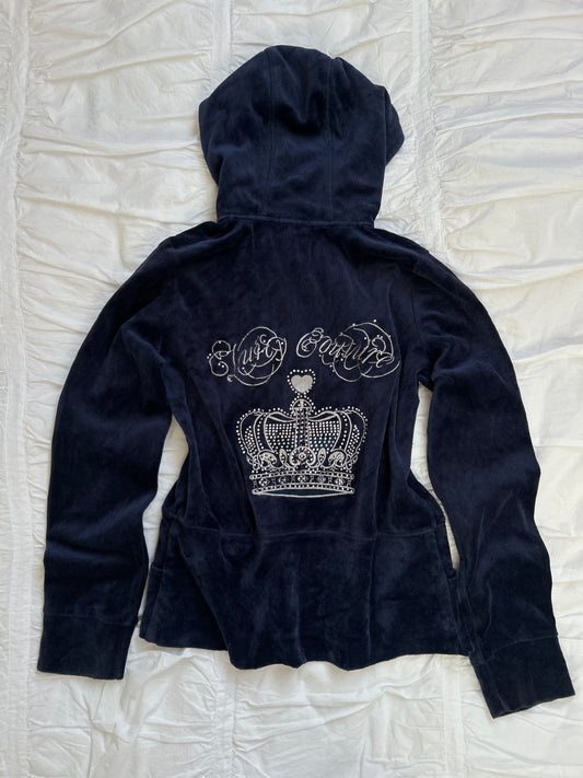 Vintage Juicy Couture Strass-Kronen Zip-Hoodie Marineblau
