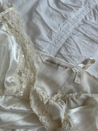 Victoria's Secret Satin Ivory Nachthemd / Slip Dress Spitze & Pailletten