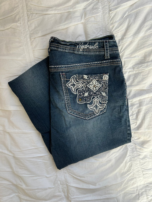 Vintage Hydraulic Flare Jeans – Ornament-Stickerei & Strass