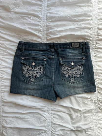 Vintage Earl Jean Denim Shorts mit Stickereien & Strass