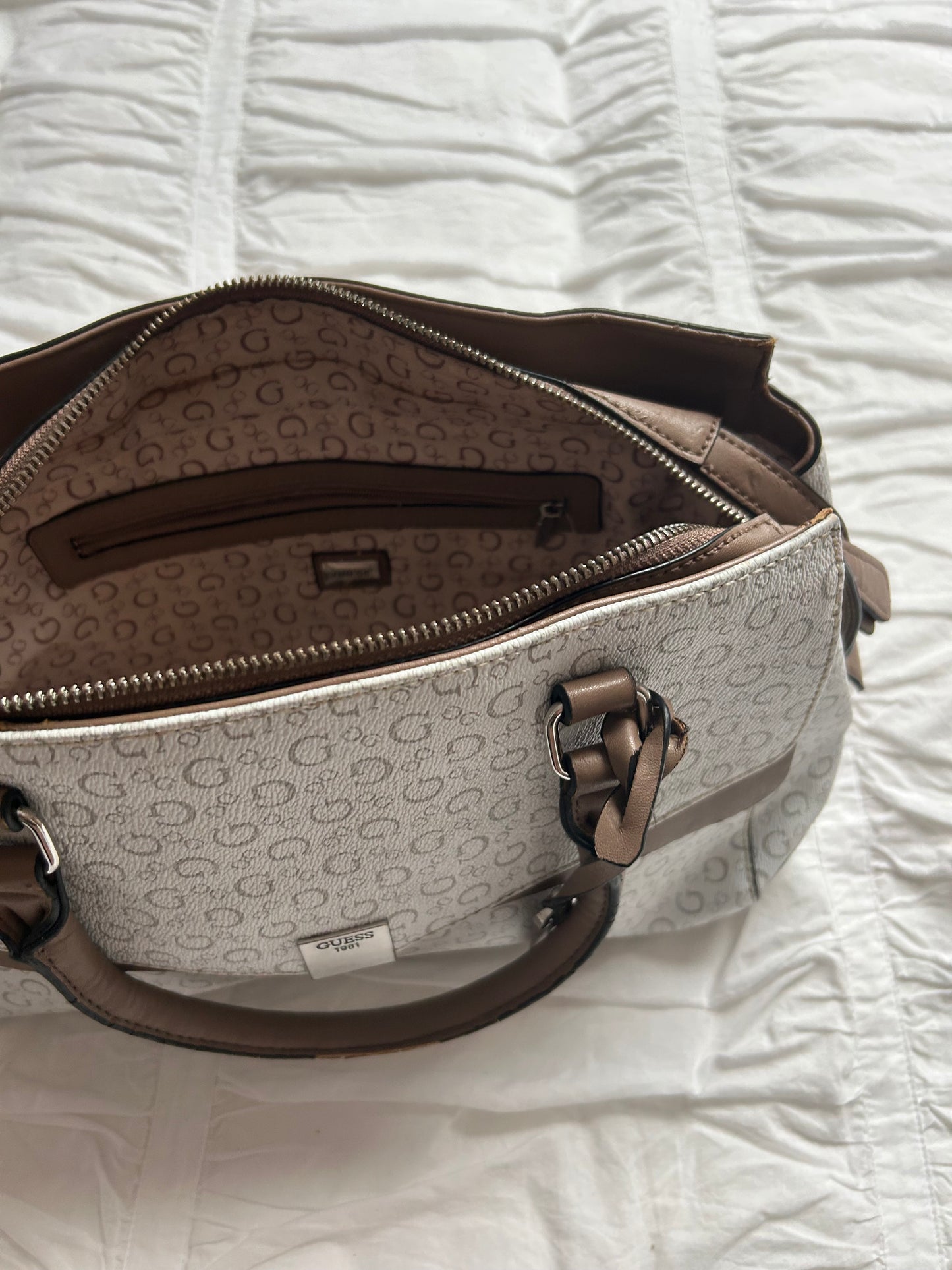 Guess Handbag White/Grey with Logo Print & Taupe Accents