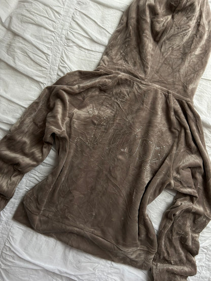 Juicy Couture Velours-Hoodie in Taupe – Glitzerndes Strass-Logo-Still Alive