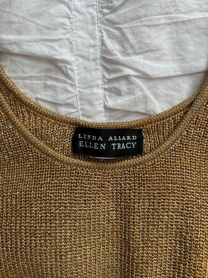 Vintage Linda Allard Ellen Tracy Strick-Top – Gold Metallic & Rundhalsausschnitt