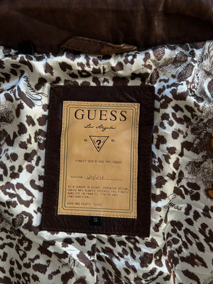 Guess Bikerjacke Echtleder Braun Leo-Muster Vintage Look