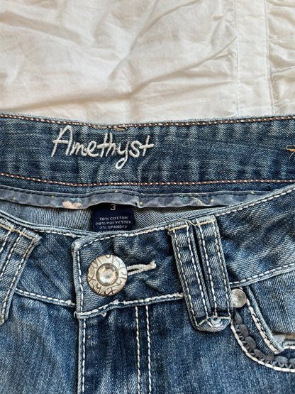 Vintage Amethyst Bootcut Jeans – Western Stickerei & Kontrastnähte