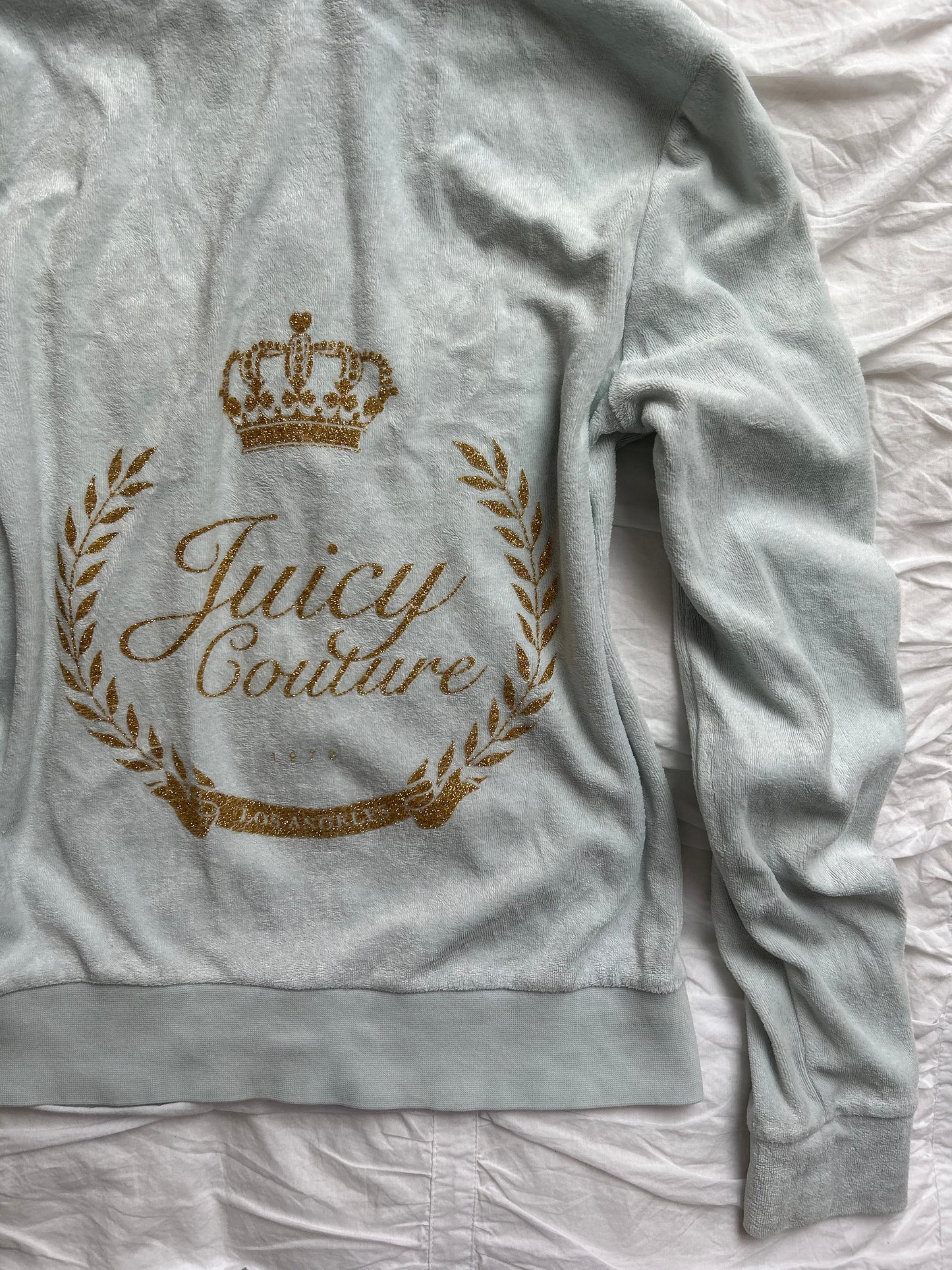 Iconic Juicy Couture Velour Hoodie in Pastel Blue – Gold Logo Detail