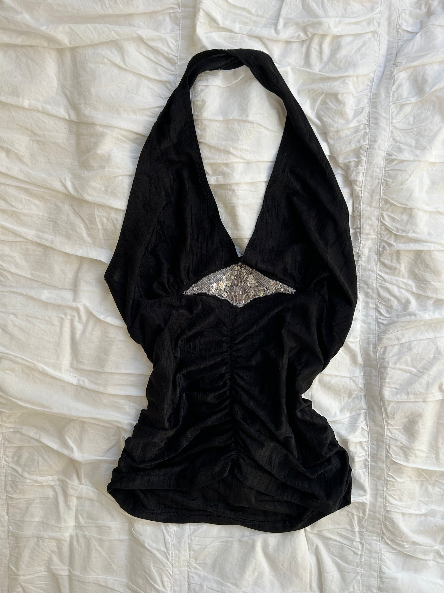 Vintage Lemon U.S.A. Neckholder-Top – Pailletten-Applikation & Raffung