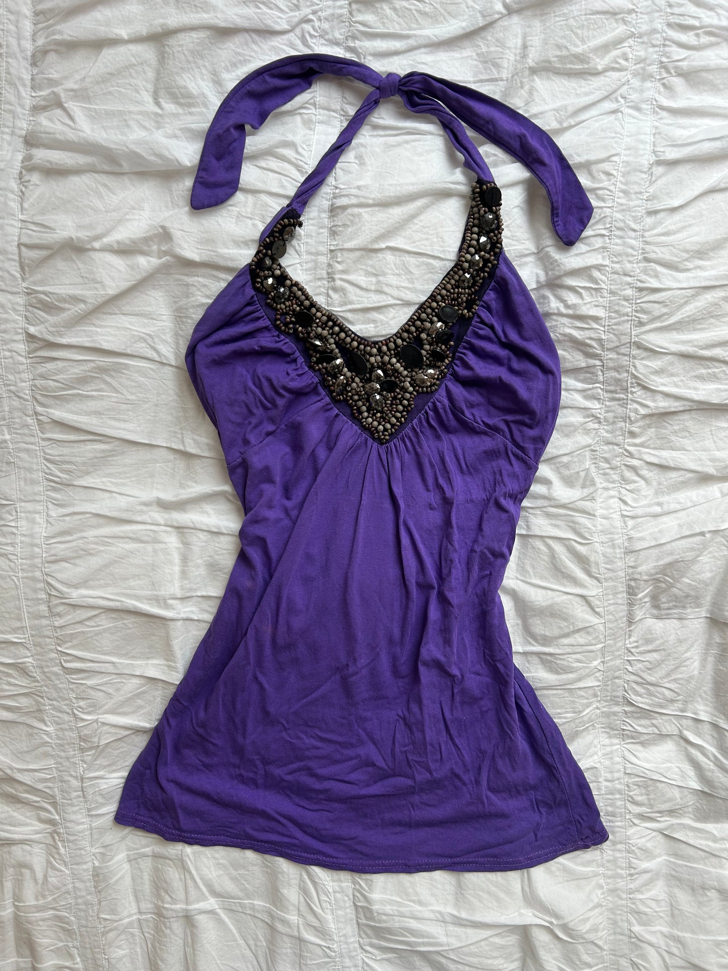 Vintage Neckholder-Top – Perlen-Applikationen & V-Ausschnitt