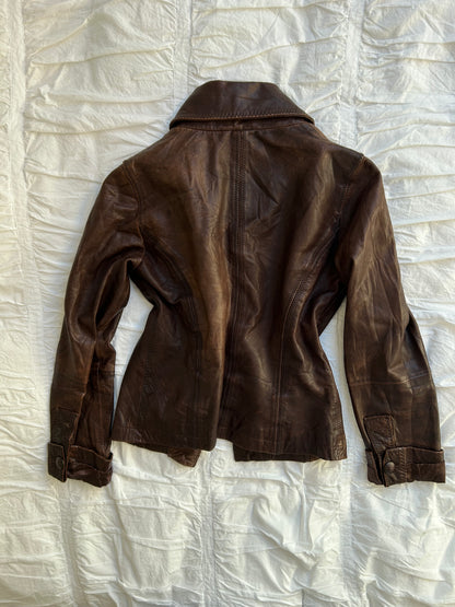 Guess Bikerjacke Echtleder Braun Leo-Muster Vintage Look
