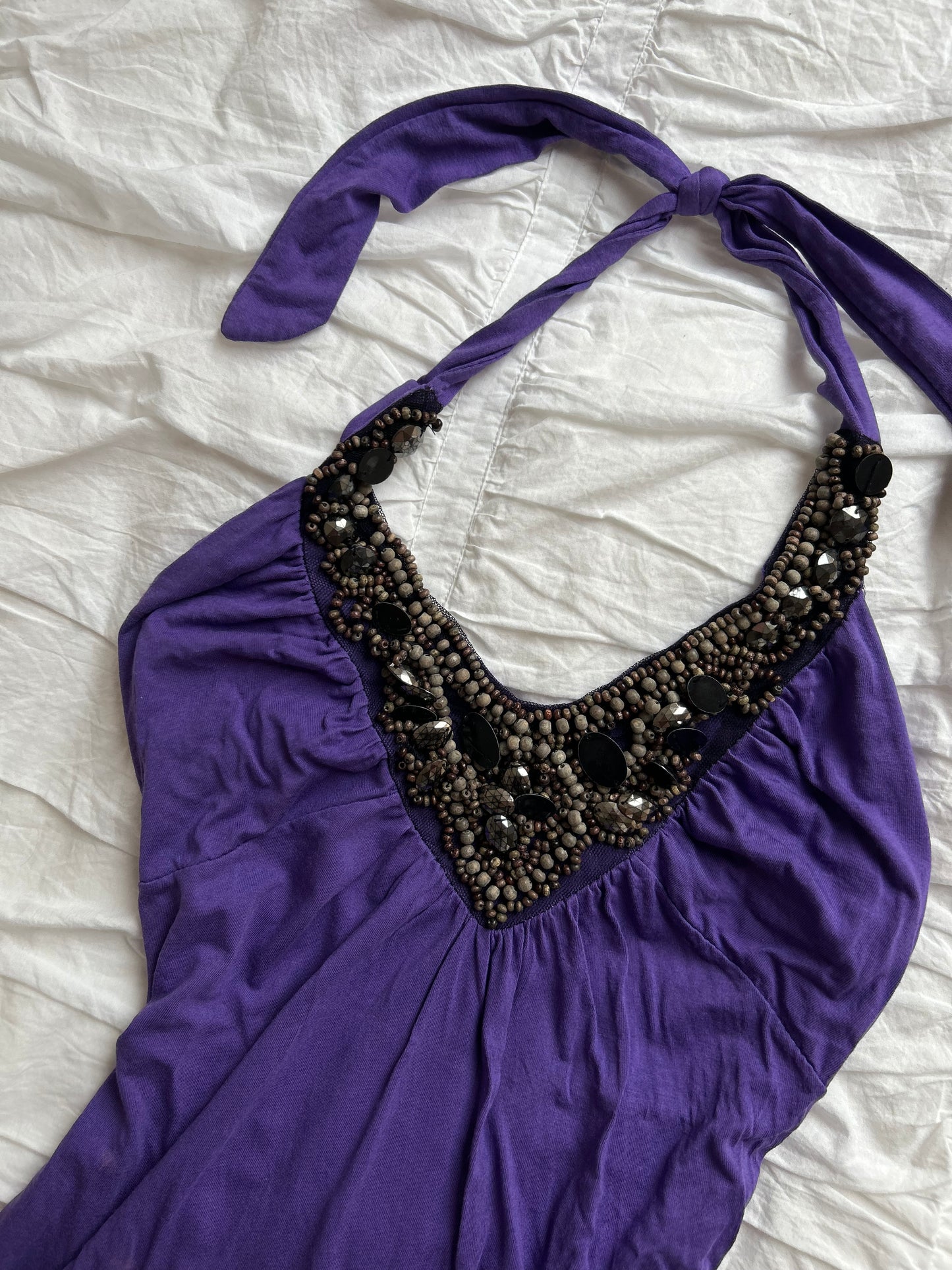 Vintage Neckholder-Top – Perlen-Applikationen & V-Ausschnitt