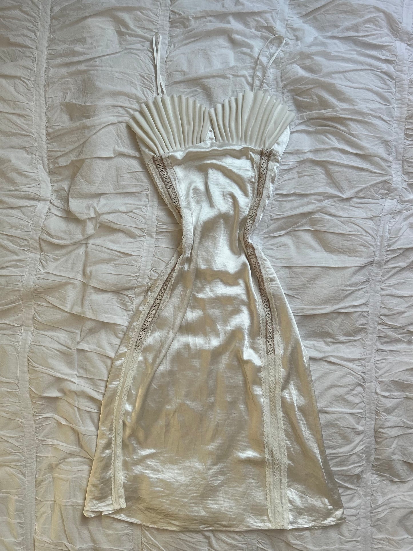Ivory Satin Mermaidcore Dress with Scallop Neckline and Lace Details