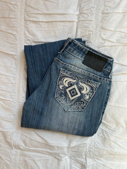 Vintage Amethyst Bootcut Jeans – Western Stickerei & Kontrastnähte