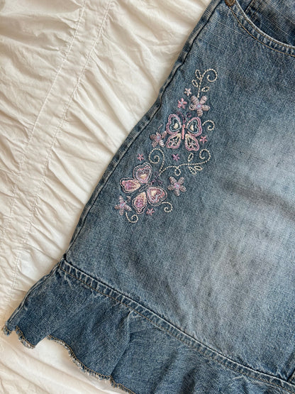 Vintage Denim Minirock Romantische Schmetterlings-Stickerei