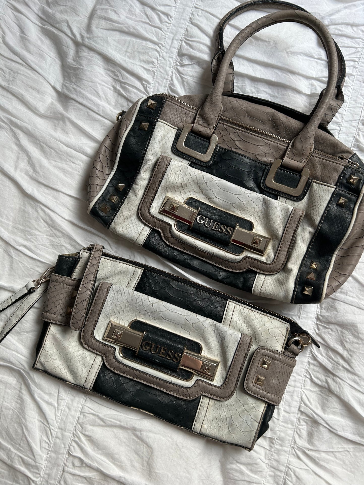 Vintage Guess Taschen-Set (2-teilig) Reptil-Look & Patchwork-Design