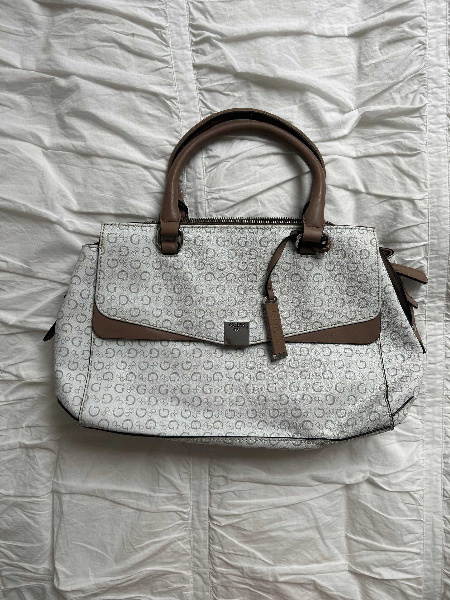 Guess Handbag White/Grey with Logo Print & Taupe Accents