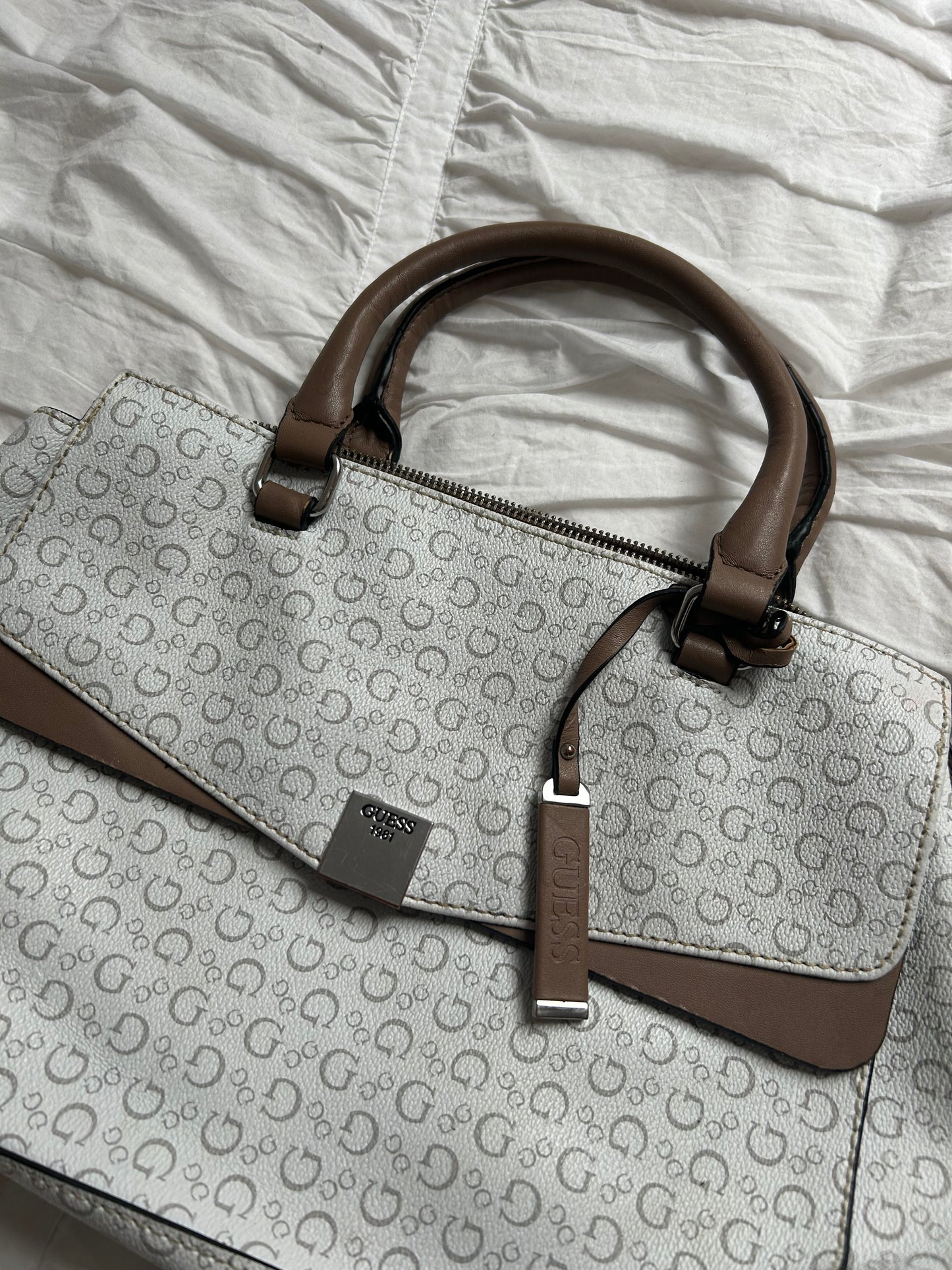Guess Handbag White/Grey with Logo Print & Taupe Accents