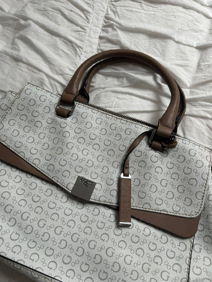 Guess Handbag White/Grey with Logo Print & Taupe Accents