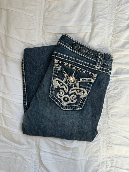 Vintage L.A. Idol USA Flare Jeans – Ornament-Stickerei & Strass