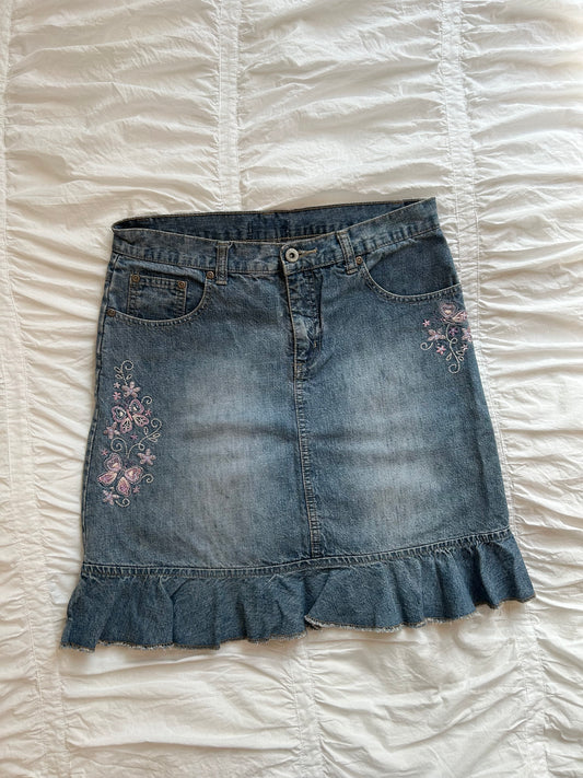 Vintage Denim Minirock Romantische Schmetterlings-Stickerei