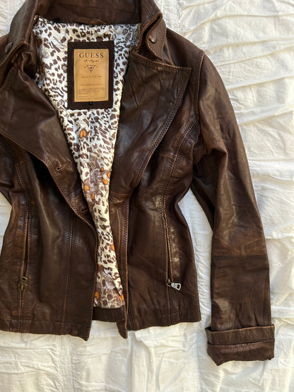 Guess Bikerjacke Echtleder Braun Leo-Muster Vintage Look