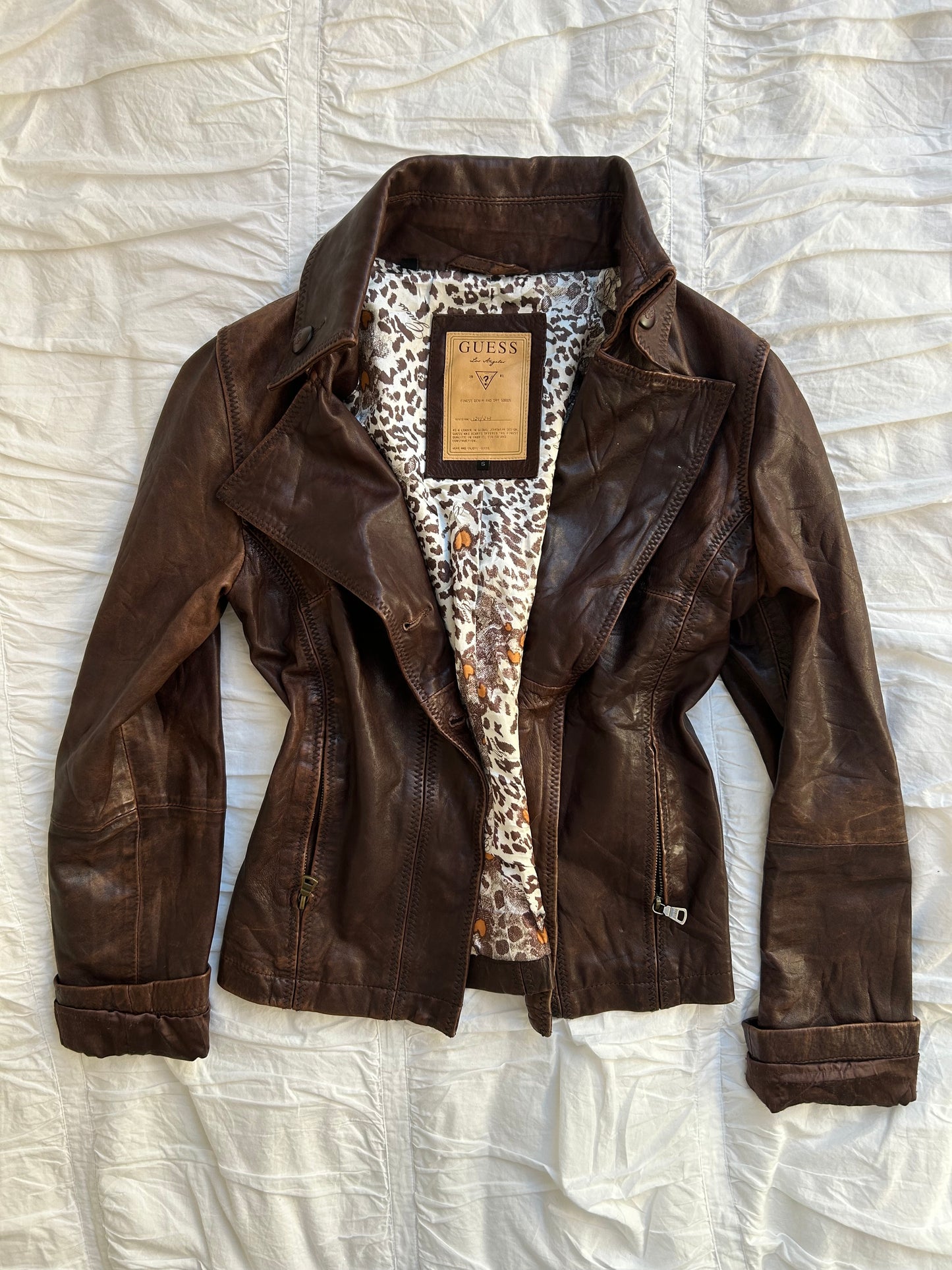 Guess Bikerjacke Echtleder Braun Leo-Muster Vintage Look
