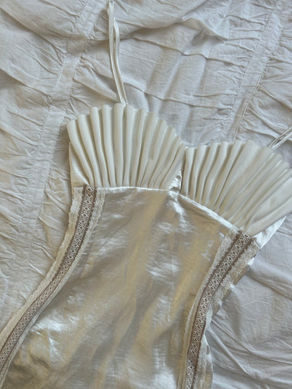 Ivory Satin Mermaidcore Dress with Scallop Neckline and Lace Details