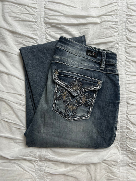 Vintage Earl Jean „Slim Boot“ Jeans Stickereien & Perlenverzierung