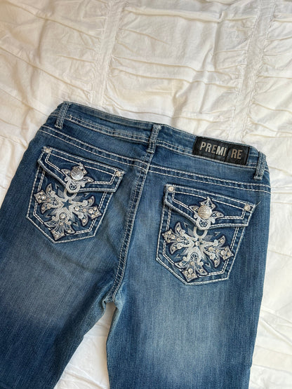 Vintage Premiere Flare Jeans – Sternen-Stickerei & Strass