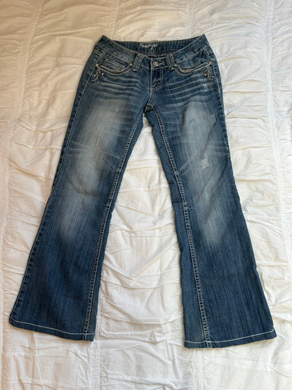 Vintage Amethyst Bootcut Jeans – Western Stickerei & Kontrastnähte