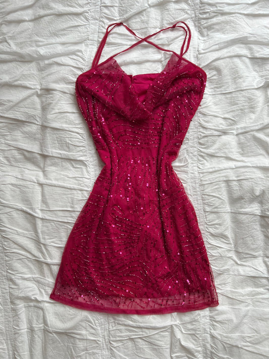 Elegantes Pink Pailletten-Minikleid mit Wasserfall-Ausschnitt