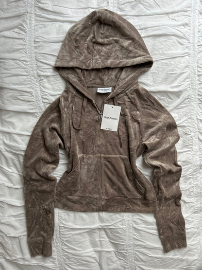 Juicy Couture Velours-Hoodie in Taupe – Glitzerndes Strass-Logo-Still Alive