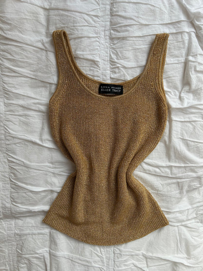 Vintage Linda Allard Ellen Tracy Strick-Top – Gold Metallic & Rundhalsausschnitt