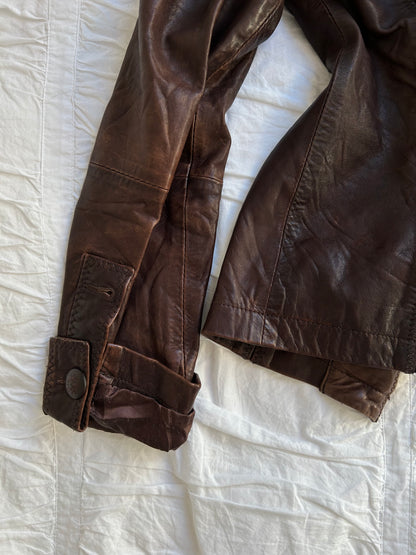 Guess Bikerjacke Echtleder Braun Leo-Muster Vintage Look